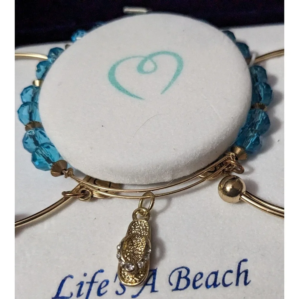 3 PC Bracelet Set Life's‎ A Beach New Gift Ocean Flip Flop Palm Dangle Nautical